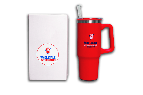 Red Travel Mug with Straw Wholesale Water Heater and Rheem Branding