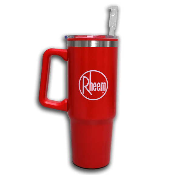 Red Travel Mug with Straw Wholesale Water Heater and Rheem Branding