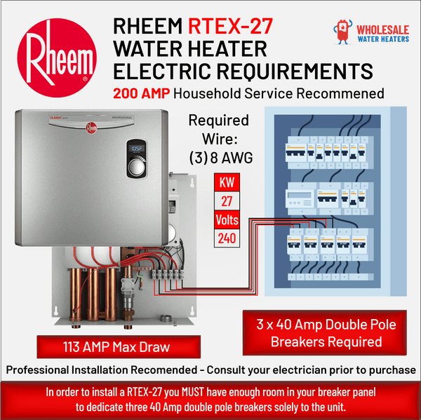 RHEEM RTEX-24 24kw 240v Tankless, Instant Electric Water Heater - wholesalewaterheater