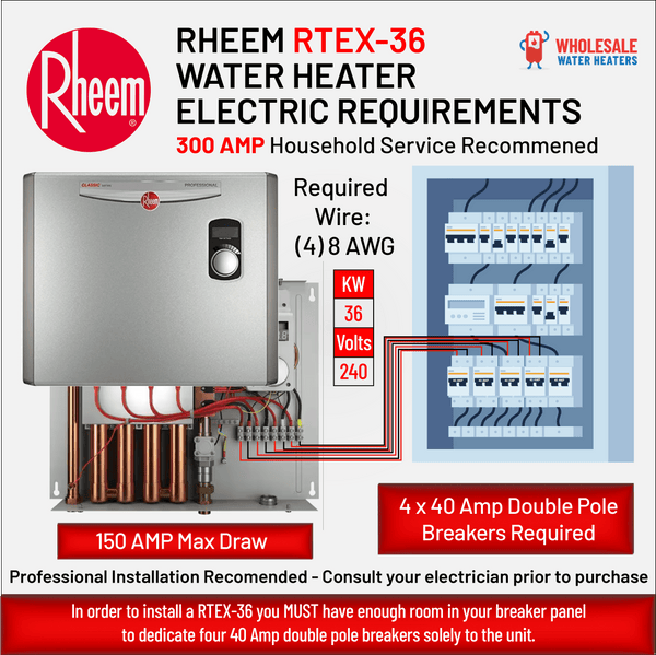 RHEEM RTEX-36 36kw 240v Tankless, Instant Electric Water Heater - wholesalewaterheater