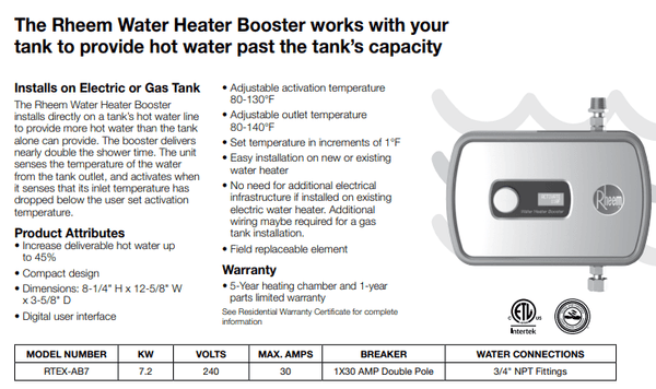 Rheem RTEX-AB7 7.2 kW Electric Water Heater Tank Booster - wholesalewaterheater