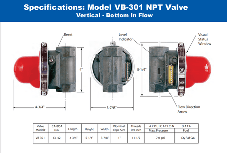 Pacific Seismic Products VB-301 Series 1" 7PSI Vertical Bottom Inlet Threaded Low Pressure Earthquake Gas Shut-Off Valve