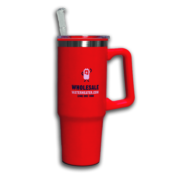 Red Travel Mug with Straw Wholesale Water Heater and Rheem Branding