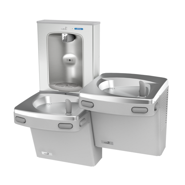 Oasis PG8EBQSL Bi-Level Mechanical Drinking Fountains w/QUASAR UV-C Bottle Filler, Refrigerated Greystone
