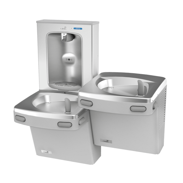 Oasis PGEBQSL Bi-Level Mechanical Drinking Fountains w/ QUASAR UV-C Bottle Filler, Non-Refrigerated Greystone