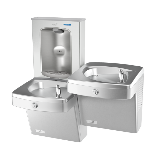 Oasis PGV8FEBFSL-BRB-FRX Bi-Level Mechanical Vandal Resistant Drinking Fountains with Vandal Resistant Bubblers w/Contactless Bottle Filler, Pharmaceutical Filter, Refrigerated Stainless