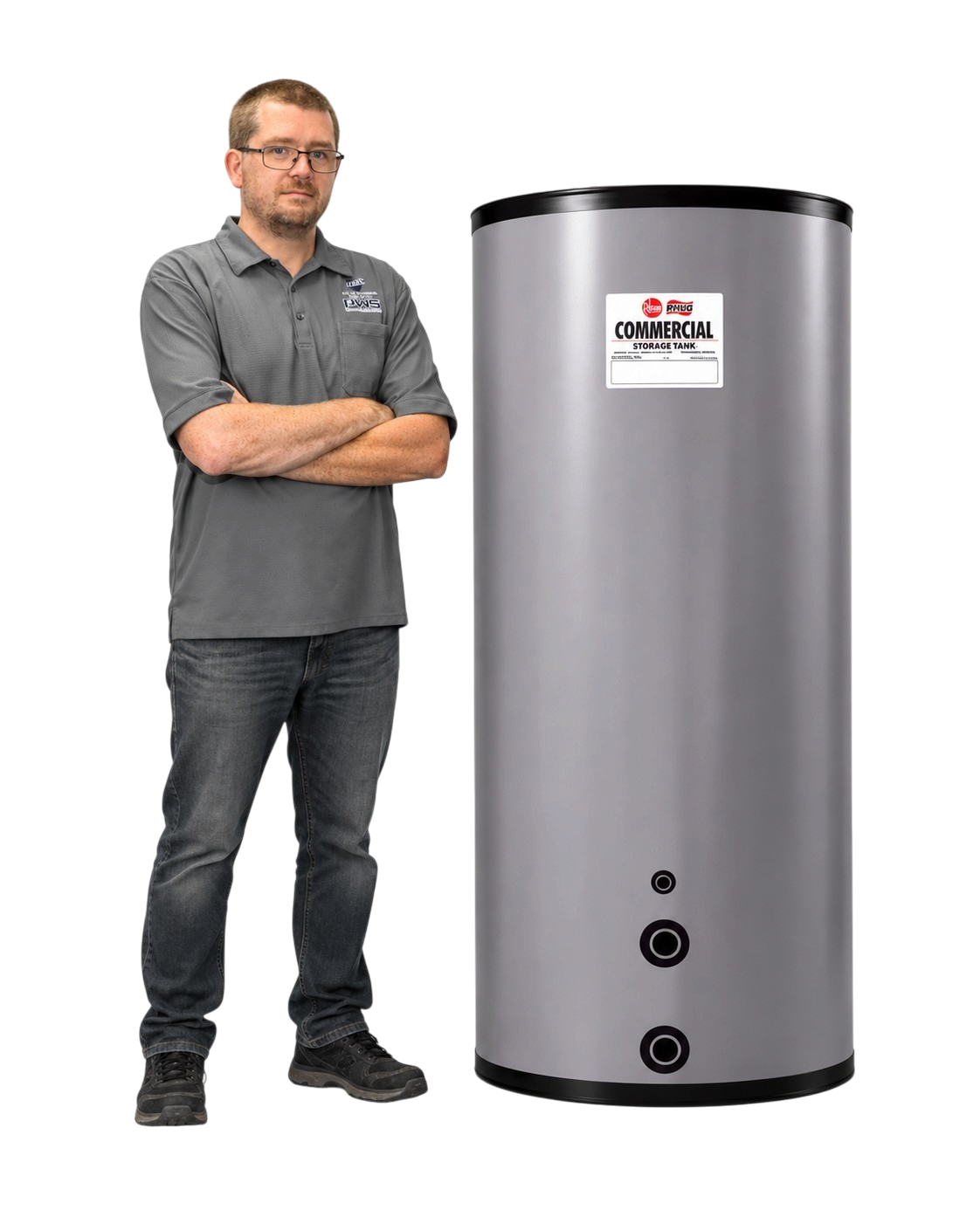 Chad beside a commercial storage tank