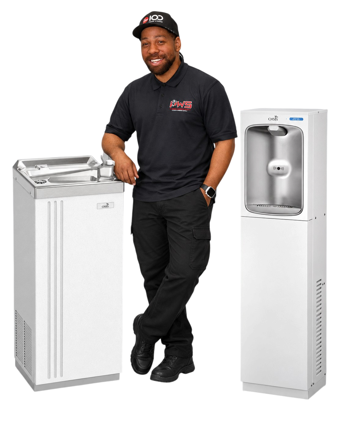 Darryl with Oasis drinking fountains and a bottle filling station