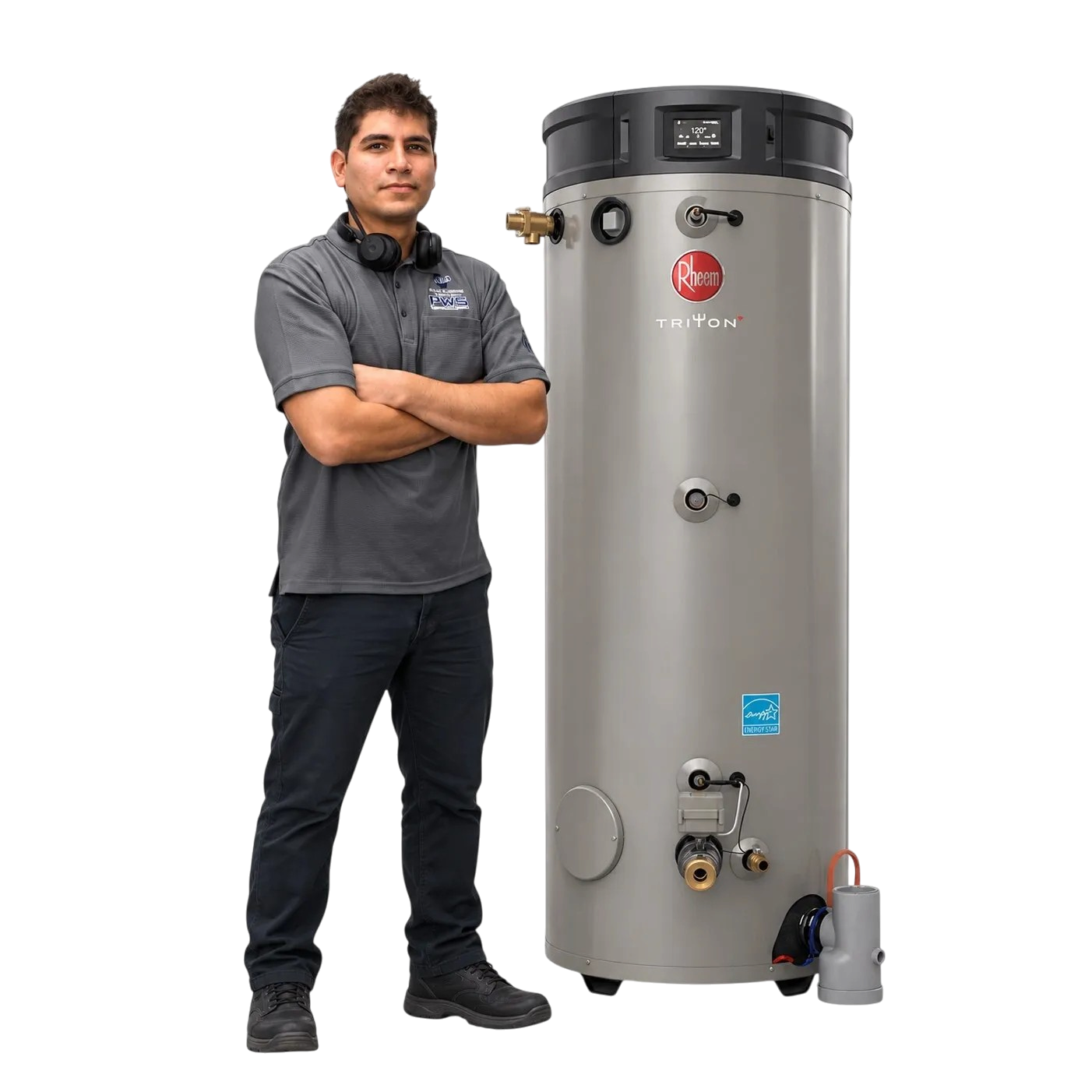 Enmanuel with a Rheem commercial gas water heater